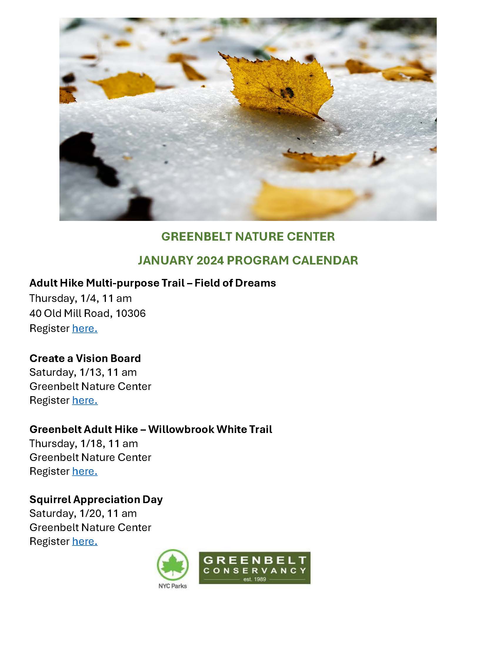 January Events Calendar Greenbelt Conservancy
